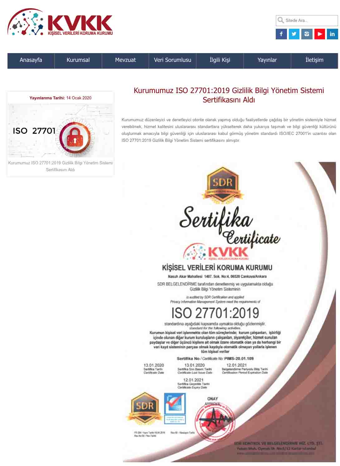 KVK Kurumu ISO 27701:2019 Gizlilik Bilgi Yönetim Sistemi Sertifikasını Aldı 1